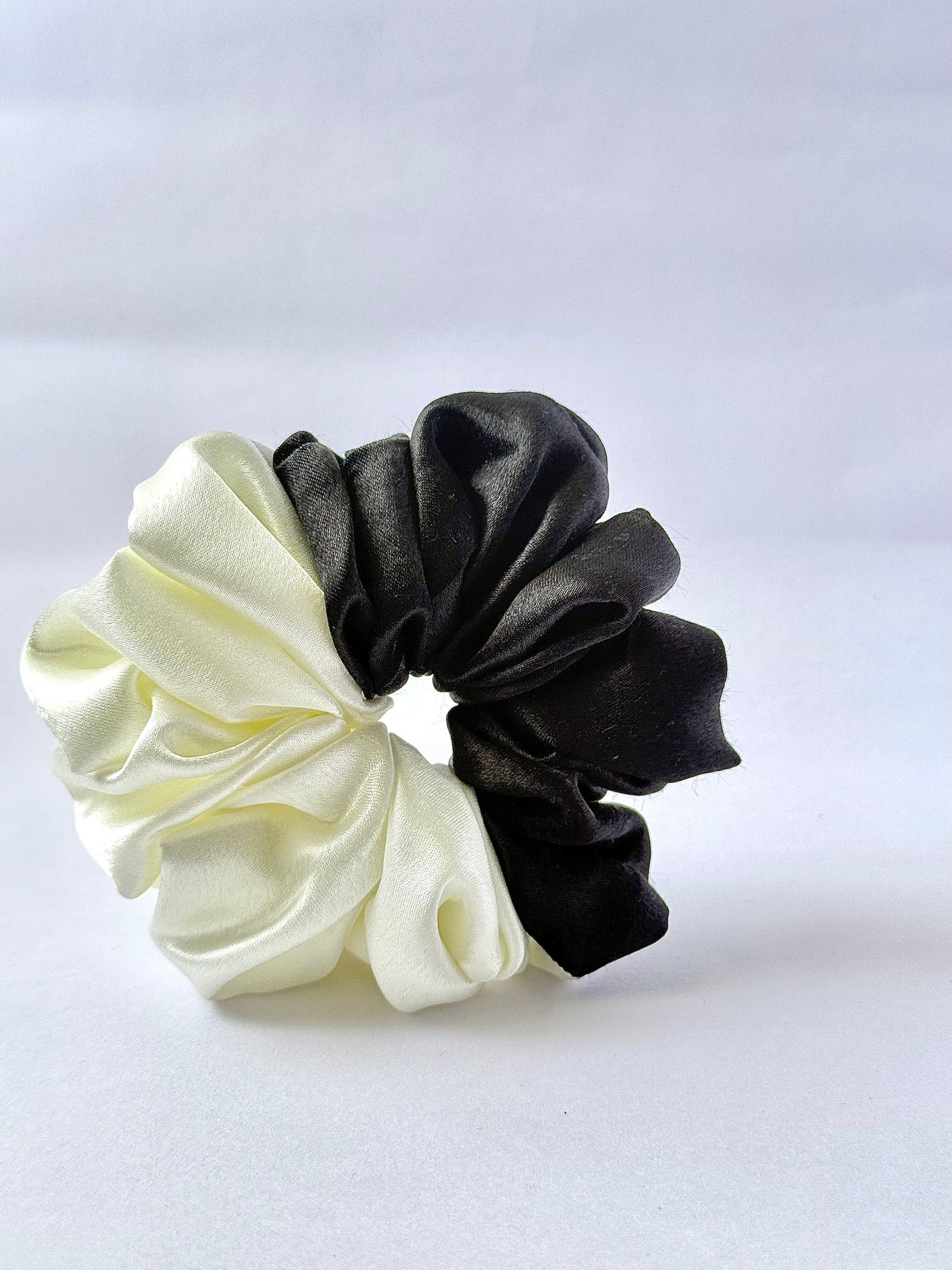 Satin Scrunchies Set – Black & Off-White | Multi-Color Hair Ties