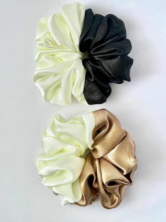 Satin Scrunchies Combo – Black / Off-White & Blurry Wood/Off-White | Multi-Color Duo Pack